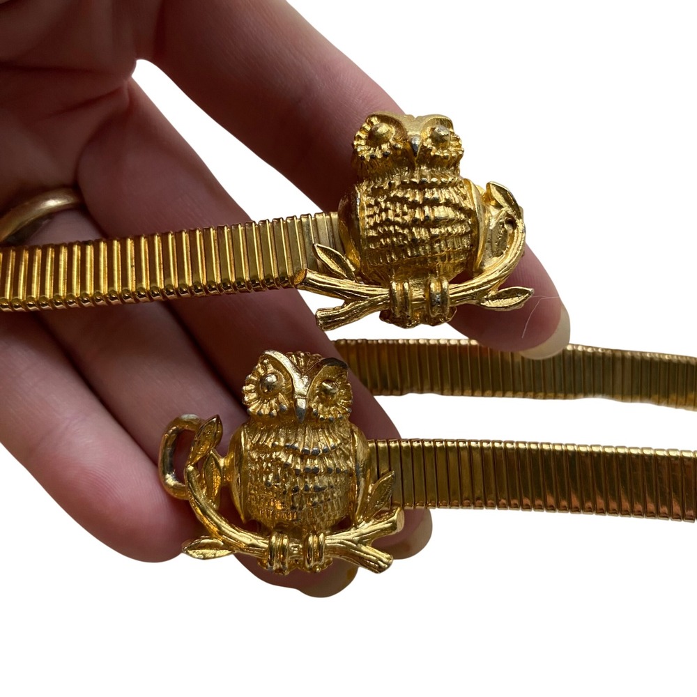 Vintage Owl Buckle Belt Gold Stretch Snake Chain Retro Whimsical Boho Cottage